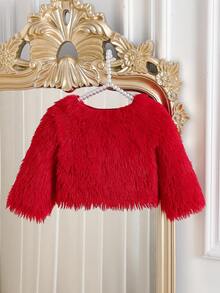 SHEIN Chaqueta corta y esponjosa de unicolor minimalista para niñas, adecuada para salidas en otoño/invierno - Rojo - Ver 2