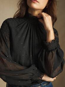 BizChic Áo kiểu tay phồng cổ cao màu đen mới mùa Thu/Đông 2025 với họa tiết thêu chỉ kim loại, thanh lịch, phù hợp cho công sở, đi làm hàng ngày, lãng mạn, phong cách thập niên 90, Giáng sinh và Năm mới. Thích hợp cho Lễ Tạ ơn, tiệc tùng, đi biển, lễ tốt nghiệp, kỳ nghỉ, dự đám cưới, tiếp khách, hẹn hò, tiệc tùng, buổi hòa nhạc, bữa ăn sáng muộn, sân bay. - màu đen - Xem 6