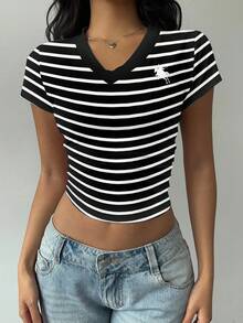 SHEIN BASICS Women's Fashion Knight Embroidery Striped Slim Fit Short Sleeve V-Neck T-Shirt, Summer - Black - View 3