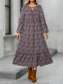 EMERY ROSE 女式随机印花长袖连衣裙 - 紅色 - 查看 4