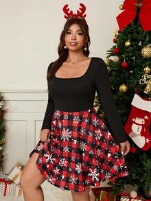 SHEIN EZwear 2025 圣诞新款百搭针织连衣裙，红色格子和雪花印花，松紧腰，短款，适合休闲、派对、节日、家居服，加大码 - 彩色 - 查看 5
