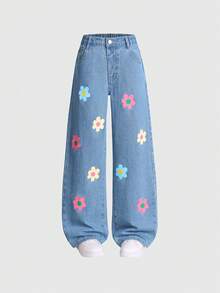 SHEIN Explorewe 青少年女孩牛仔裤，2025 年秋冬新品，两件套，花卉印花设计，舒适贴身，百搭直筒宽松休闲阔腿牛仔裤，适合外出、上学、通勤、派对、圣诞节，完美之选 - 彩色 - 查看 6