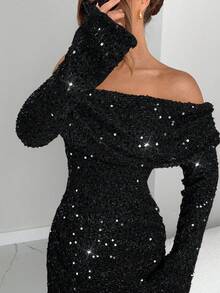 Siren Gaze Women's Sequin Decor Off Shoulder Flare Sleeve Bodycon Dress Winter Luxury Chic Black,Dresses For Women Elegant,New Year Dress ,Elegant Party Dresses Glitter Spring