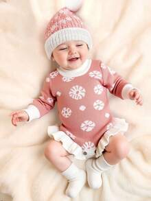 SHEIN 2Pcs Set Knitted Newborn Girl Romper With Matching Pom Hat Baby Girl Photography Outfits 1 Month 100 Days Baby Photo Shooting Props - Multicolor - View 5