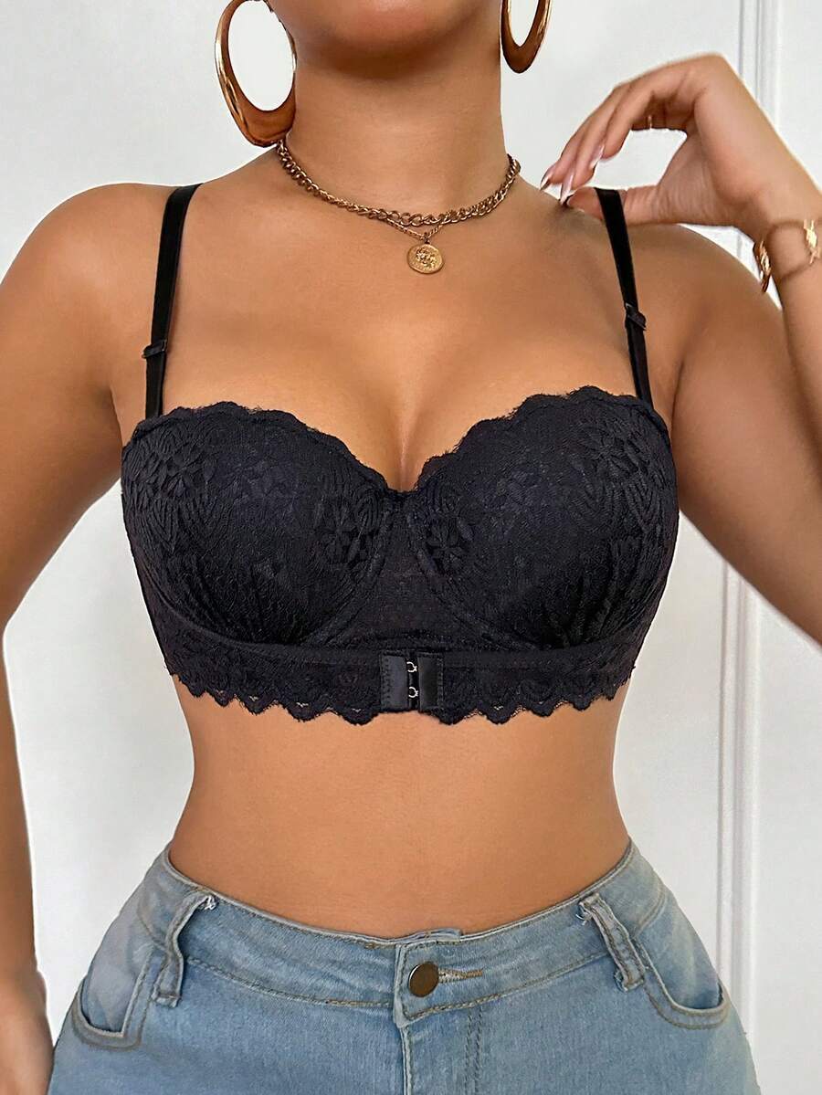 1pc Lace Padded Underwire Bra For Women - Black - View 1