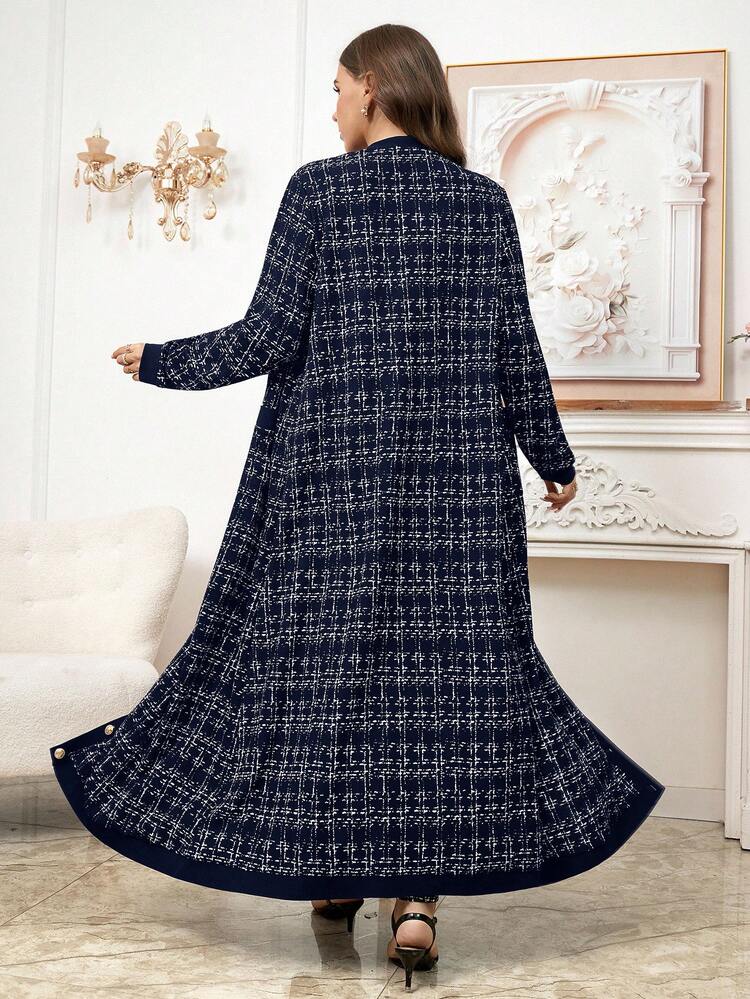 SHEIN Clasi Bộ đồ liền thân ống rộng không tay họa tiết kẻ caro cỡ lớn dành cho nữ, mùa thu, áo khoác kim loại một hàng khuy dài - Màu xanh hải quân - Xem 8