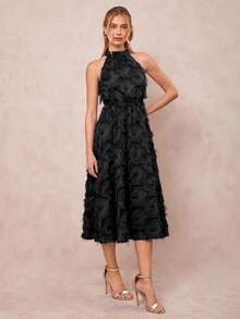 Amorya 女式优雅提花纹理挂脖收腰 A 字连衣裙，春夏 - 黑色 - 查看 3