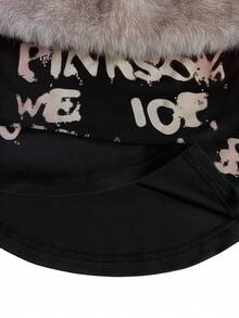 Resyla Off Shoulder Fuzzy Collar Letter Print T-Shirt - Black - View 5
