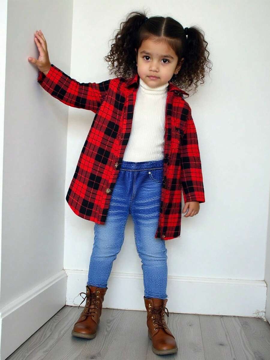 SHEIN 2pcs Baby Girl Cute Red Plaid Shirt And Pants Set, Suitable For Autumn And Winter - Multicolor - View 1