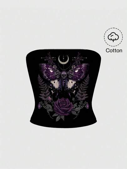 Goth Top tubo negro con diseños góticos de esqueleto, sol, luna, hoja de rosa, polilla y luna para mujeres