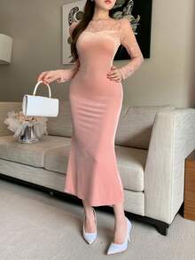 DAZY Váy dài vừa phải lót nhiệt đuôi cá phối ren chắp vá thời trang thu đông dành cho nữ - Hồng - Xem 5