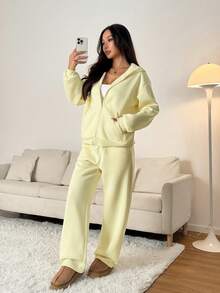 SHEIN PETITE 女式休闲纯色连帽衫和运动裤两件套 - 黃色 - 查看 4