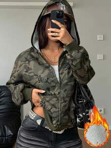 Coolane Felpa oversize con chiusura lampo, a maniche lunghe, in maglia, con fantasia mimetica, foderata termicamente, per tenere caldo, stile di base, adatta per uscire, per donna, colore verde, stile di coppia