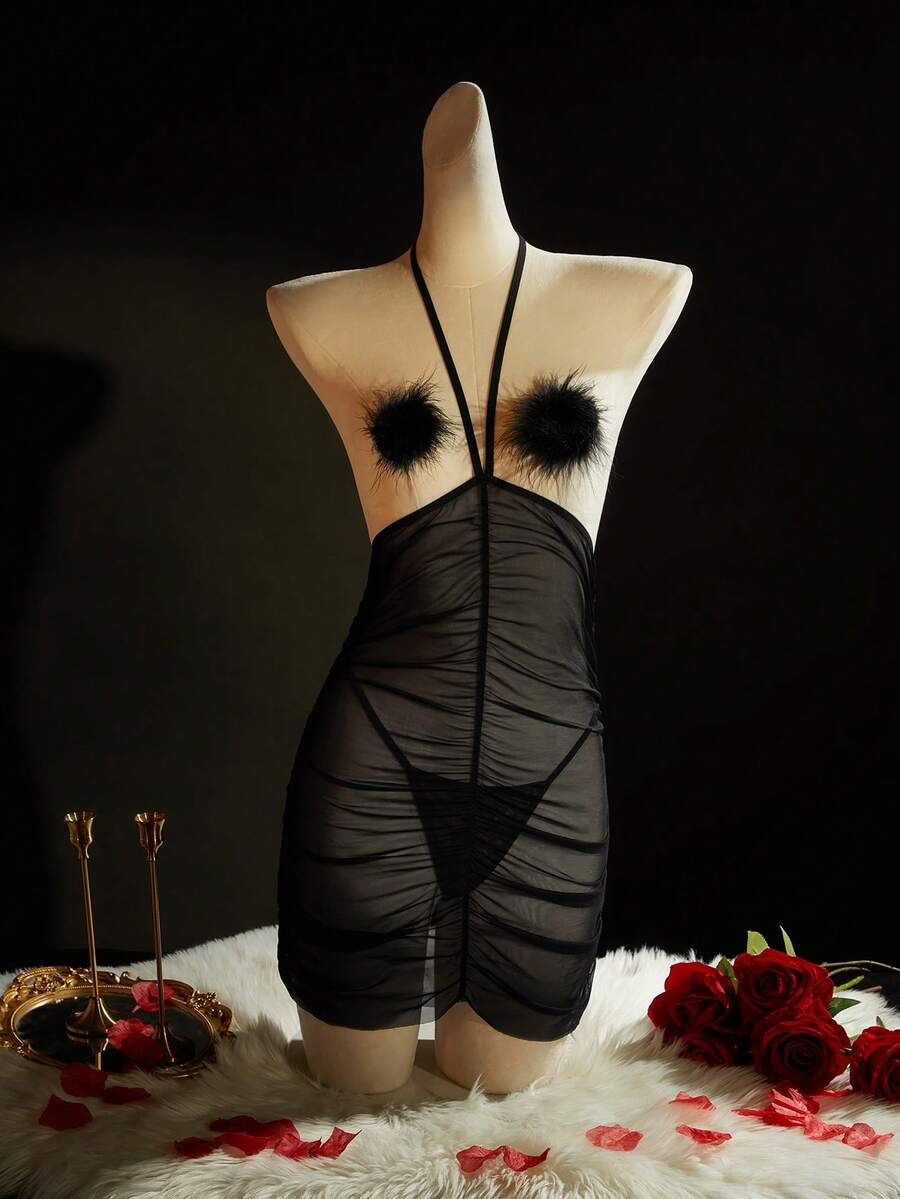 SpicyHot 4pcs/Set Mesh Halter Tie Backless Bodycon Nightgown, Extremely Sexy - Black - View 1