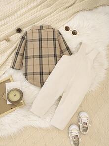 SHEIN Bộ quần yếm nhung kẻ caro 2 món cho bé trai sơ sinh, Bộ quần yếm nhung kẻ caro cho trẻ sơ sinh, Trang phục thường ngày mùa thu/đông cho bé trai, Quần áo trẻ sơ sinh màu be trung tính, Bộ áo sơ mi kẻ caro cho bé trai sơ sinh 6 tháng - 3 tuổi - Màu be - Xem 2