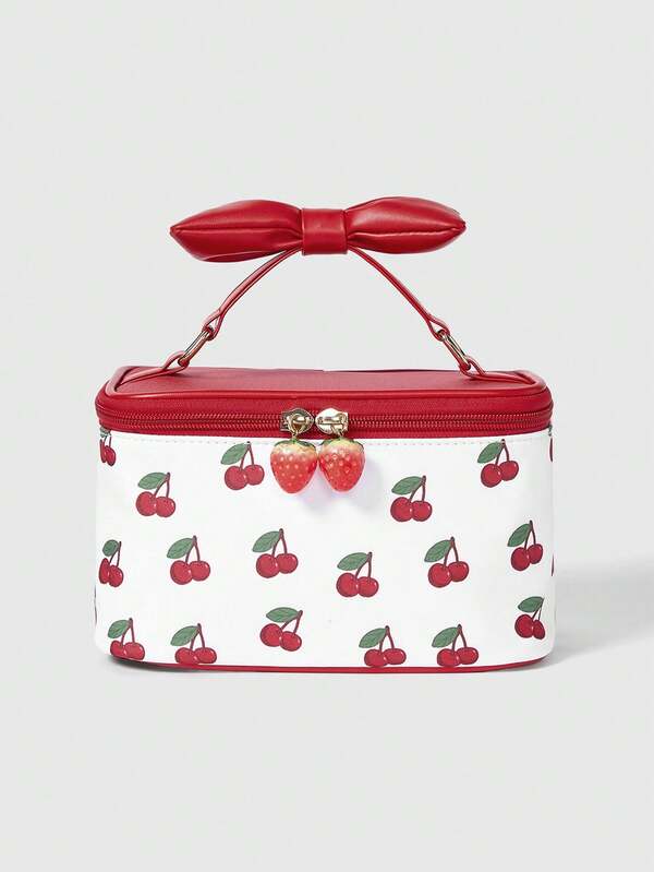 ROMWE Kawaii Women's Cute Padded Bow Handheld Portable Makeup Bag, Suitable For Traveling And Carrying Out