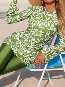 Swim Mulvari 女式新款植物印花夏季两件套连衣裙，高领，长袖，褶皱喇叭袖，紧身胸衣，中等长度泳衣，海滩度假 - 綠色 - 查看 1