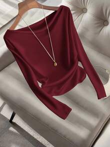 Franclia Elegant French Style Off Shoulder Long Sleeve Cinched Waist Cream White T-Shirt For Women, Autumn/Winter - Burgundy - View 3