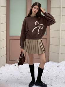 Dazy Kids 少女圆领落肩长袖休闲蝴蝶结提花宽松套头毛衣 - 棕色 - 查看 6