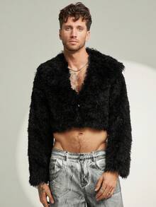FeverCity Men's Casual Fashion Street Solid Color Fluffy Short Long Sleeve Coat - Grey - View 2