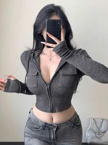 Áo crop top trùm đầu thường ngày bằng vải nỉ có họa tiết dành cho nữ, có túi lớn, phong cách tiện dụng ngoài trời, tay dài, ôm sát, phù hợp cho mùa thu và xuân Y2K - Màu xám đen - Xem 5