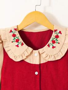 SHEIN Tween Girl Color Block Puff Shoulder Long Sleeve Peter Pan Collar Button Front Dress - Burgundy - View 3