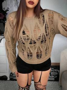 Whyspr 加大码朋克风格圆领镂空破洞套头毛衣，休闲落肩针织上衣 - 卡其色 - 查看 4