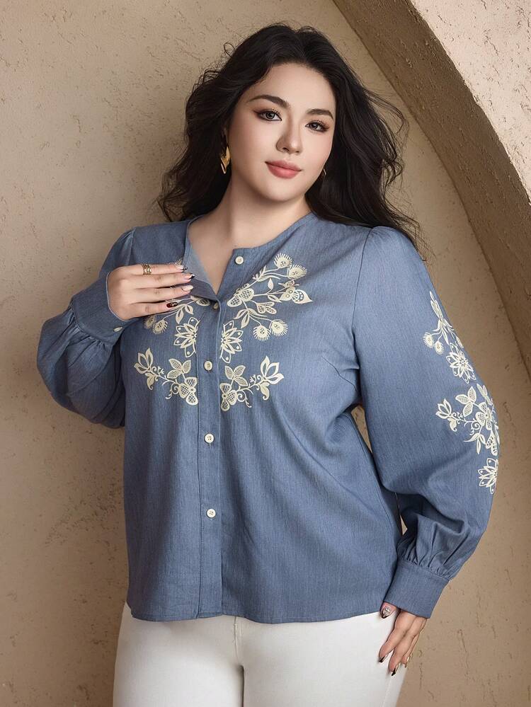Dazy Plus Plus Size Women Open Front Casual Loose Graphic Print Shirt, Blue, Spring/Autumn Carnival
