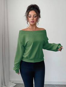 SHEIN Elenzya Elegante y romántica sudadera con hombros descubiertos, adecuada para vacaciones y viajes - Verde - Ver 4