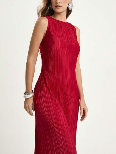 CAJUNI Women's Casual Pleated Round Neck Sleeveless Long Dress
