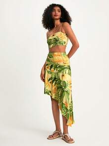 CAJUNI Women's Tropical Print Cropped Camisole And Ruched Waist Asymmetric Hem Skirt Set, Beach Skirt Set, Vacation Outfits Woman Skirt Set, Tropical Two Piece Set, Summer Skirt And Top Set, Beach Two Piece Set, Vacation Outfits Woman 2 Piece, Summer Two Piece Set Vacation - Yellow - View 11
