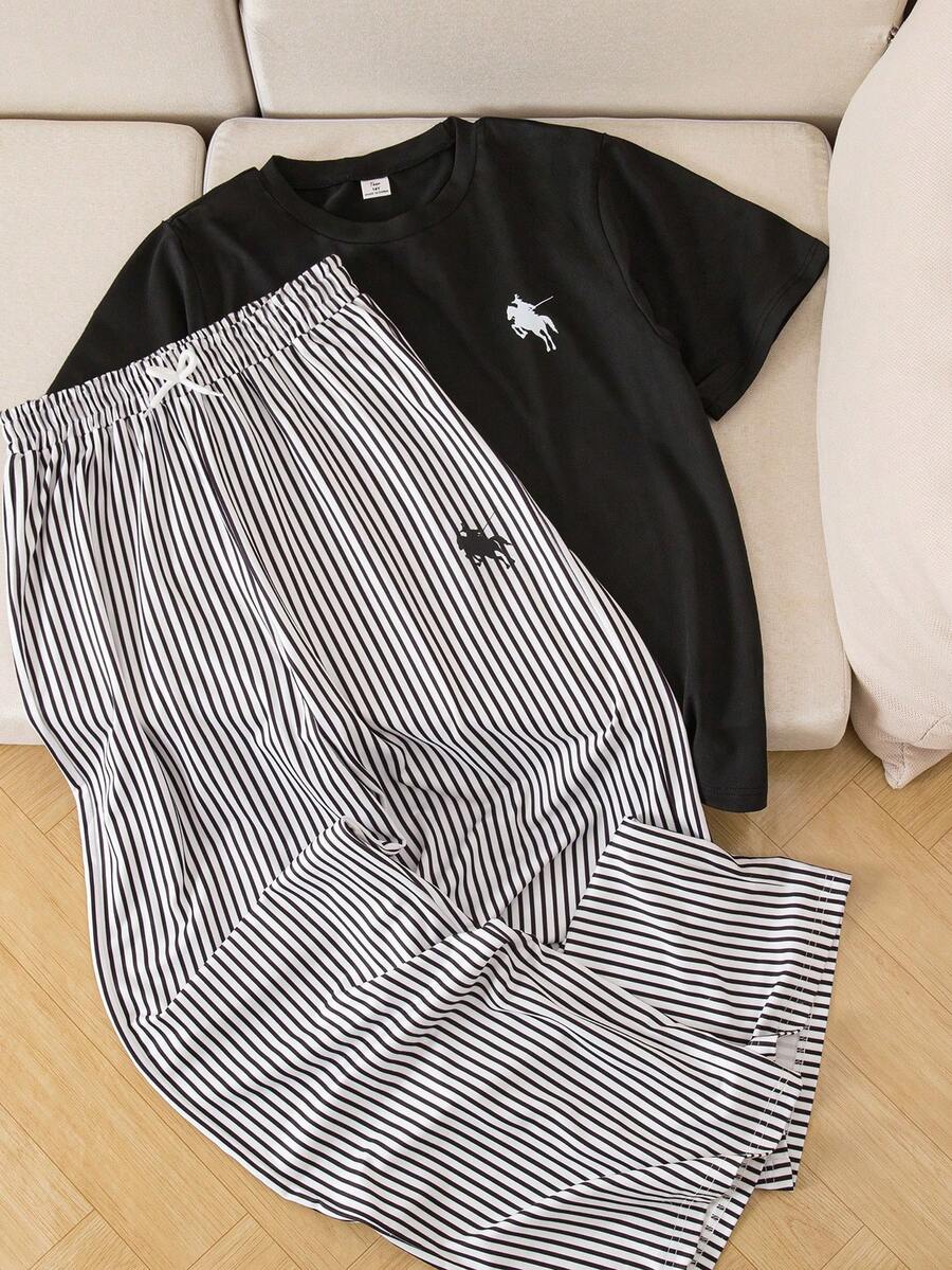 Teen Girl Round Neck Short Sleeve Casual Summer T-Shirt And Striped Pants Set - Black - View 1