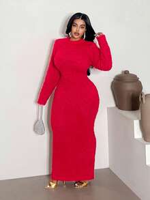 Maweii Váy len dáng dài thanh lịch màu trơn cỡ lớn, thu/đông - Đỏ - Xem 3