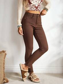 EMERY ROSE Quần Jeans Túi Nút Màu Trơn Đơn Giản Thường Ngày Cho Nữ - Cà phê nâu - Xem 5