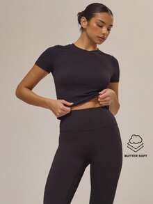 Musera Sport Áo thun thể thao tay ngắn ôm sát, thêu họa tiết, chất liệu bóng mượt, thích hợp cho mùa đông, tập gym, chạy bộ, mặc nhà, padel, tập thể dục, mùa hè. - màu đen - Xem 1