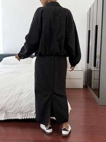 Livesso 女士秋冬加厚休闲宽松户外街头立领夹克外套和直筒裙两件套 - 黑色 - 查看 3