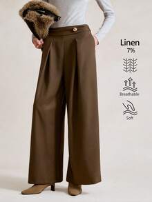 Aalyst Women's Elegant,Luxurious Dark Green Autumn Trousers,Work Office Minimalist Wide Leg Linen Fabric Pants With Waist Pleats,Metal Decor For Spring - Brown - View 2
