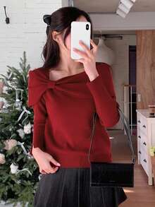 DAZY Áo len trễ vai màu đỏ dành cho nữ, thiết kế tinh tế, thanh lịch, giảm tuổi tác, làm thon gọn, áo thu/đông - Màu Đỏ Sâu - Xem 4