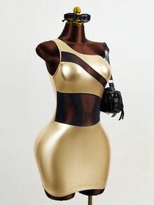 BamGleam 时尚性感撞色网眼拼布紧身迷你连衣裙 - 金色 - 查看 4