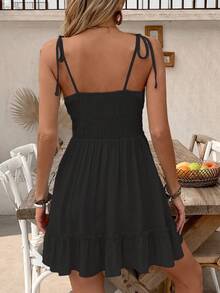 Swim Vcay 女式夏季海滩度假纯色蕾丝拼布荷叶边下摆系带吊带罩衫连衣裙 - 黑色 - 查看 2