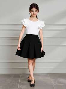 Tween Girl Textured Top With Ruffle Sleeve And Pleated Skirt 2 Pieces Set - Black and White - View 7
