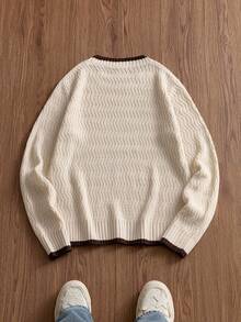 Manfinity VCAY Men's Casual Loose Fit Contrast Color Round Neck Long Sleeve Sweater, Versatile For Autumn/Winter - Apricot - View 6