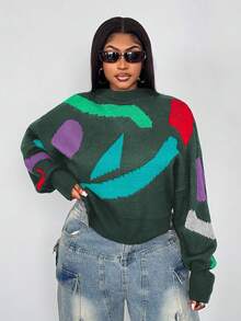 Maweii Plus Size Women Casual Colorblock Crew Neck Sweater, Autumn/Winter - Multicolor - View 4