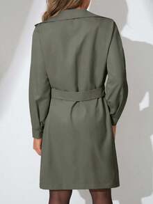 Women's Solid Color Double-Breasted Belted Long Sleeve Trench Coat - Olive Green - View 2