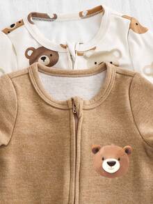 Cozy Pixies Conjunto de 2 piezas de pelele y pantalones de punto suave con estampado de oso de dibujos animados para recién nacido niño - Multicolor - Ver 3