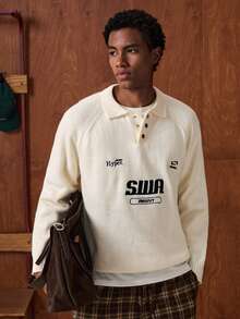 SWAVVY Men's Fashion Letter Pattern Polo Collar Raglan Sleeve Casual Sweater, Autumn/Winter - Apricot - View 1