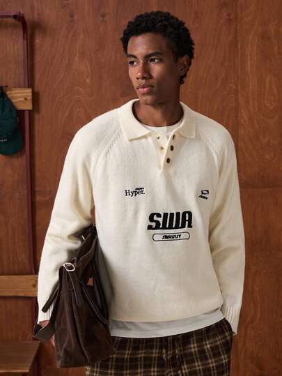 SWAVVY Men's Fashion Letter Pattern Polo Collar Raglan Sleeve Casual Sweater, Autumn/Winter