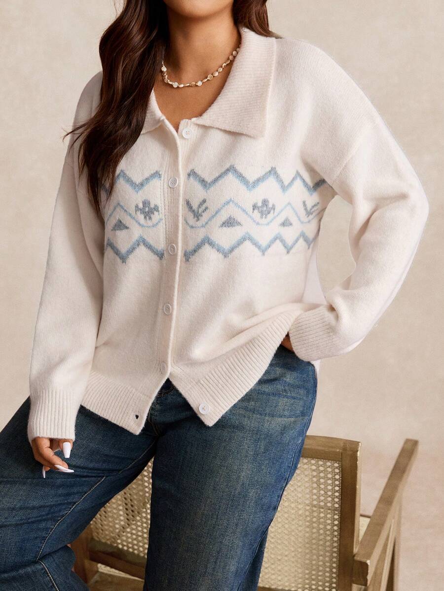 EMERY ROSE Plus Size Casual Minimalist Jacquard Solid Color Cardigan Sweater - Beige - View 1