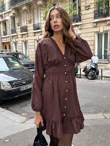Chiquease Vestido de manga farol con escote profundo en V y cintura ceñida, nuevo para otoño/invierno 2025. Vestido elegante con volantes en el bajo, conjunto exterior rojo-café, vestido versátil para ir y venir en otoño/invierno para mujeres. - Óxido marrón - Ver 5