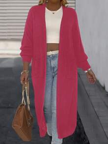 SHEIN LUNE 大码女式纯色落肩长袖休闲长款针织开衫，秋冬 - 玫紅色 - 查看 3